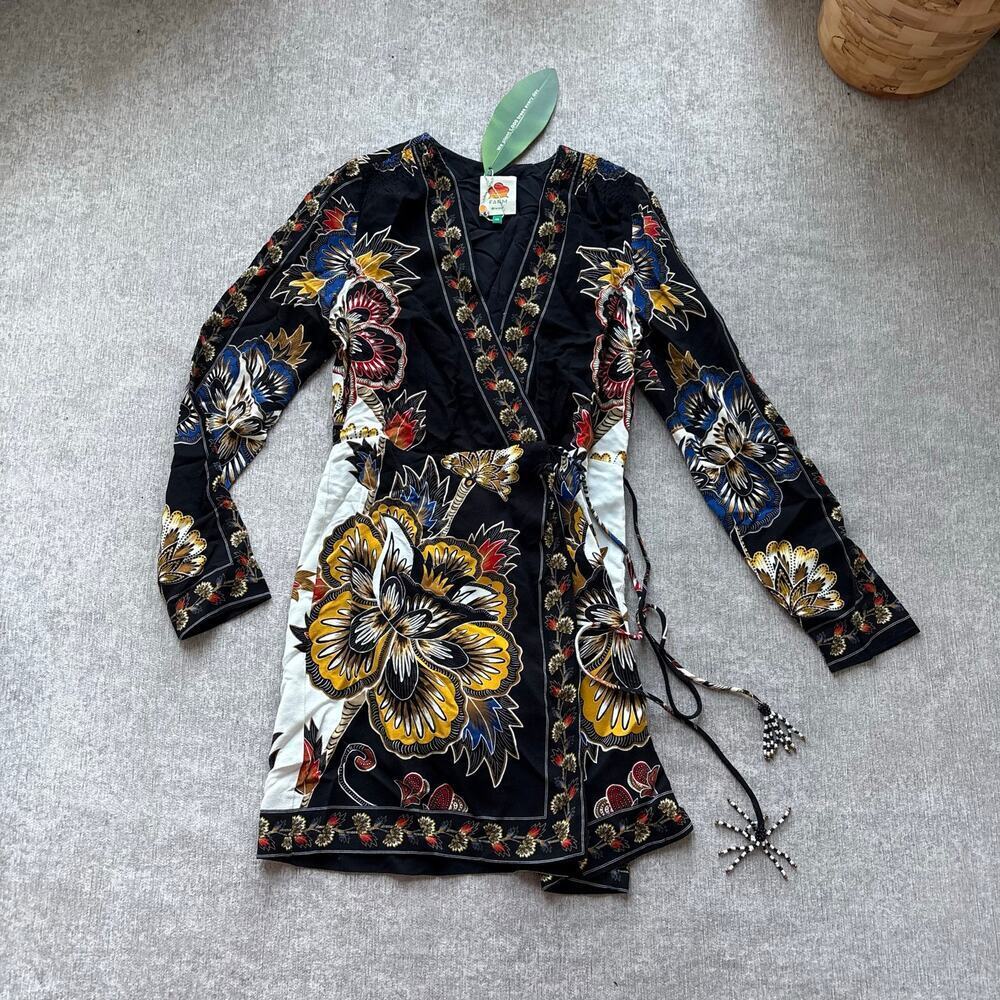 NWT $248 Farm Rio Maxi Floral-print Crepe Wrap Mini Dress - Picture 2 of 6